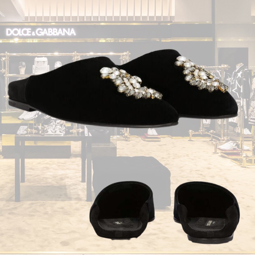 【DOLCE＆GABBANA】ブローチ装飾付きベルベットスリッパ