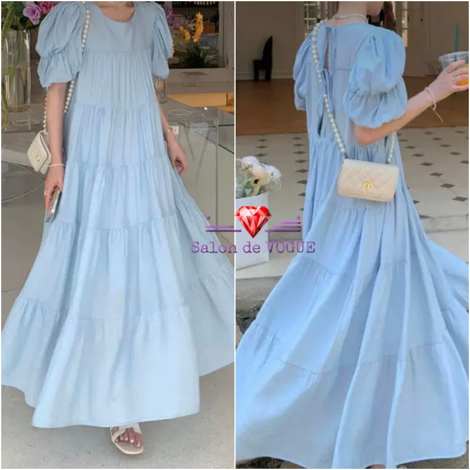 ロングワンピース ティアード 半袖パフスリーブ マキシ 背中開き