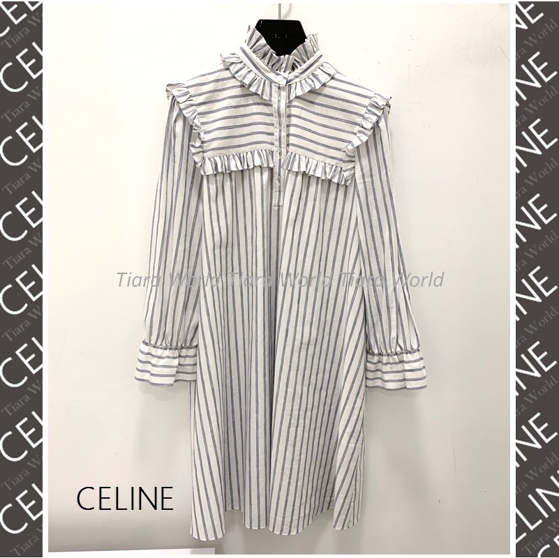 フリルが可愛い■CELINE ストライプ コットン ショート ドレス