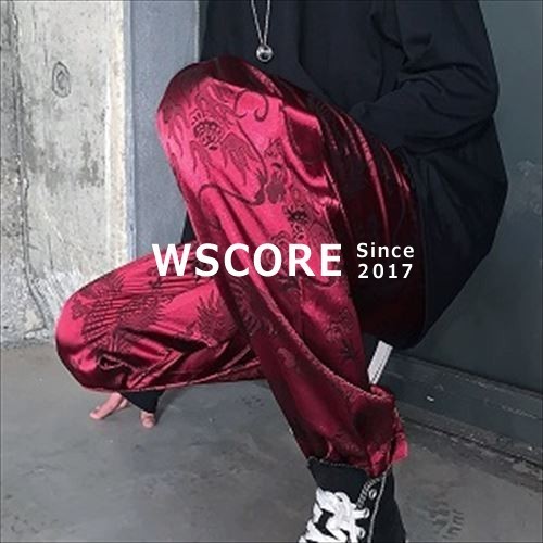 パンツ メンズ 光沢 龍柄 細め ストレート ゆったり パンツ 2色