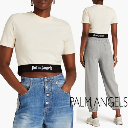 Palm Angels Cropped Short Cotton Short Sleeves Logo Cropped Tops Baby Tees