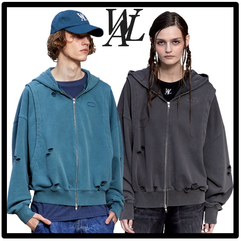 ★関税込★WOOALONG★Track logo pigment washing hood zip-up★