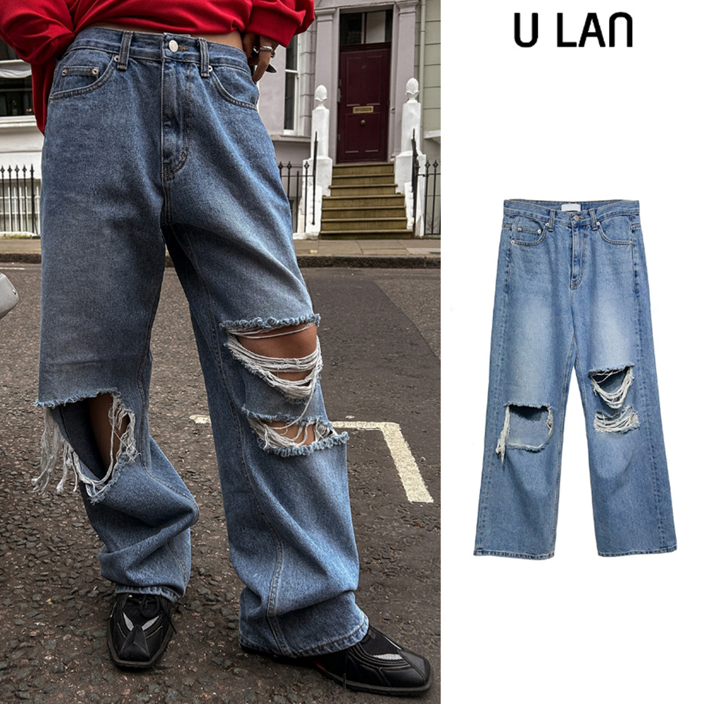 【U LAN】(UNISEX) Double relief damage denim pants