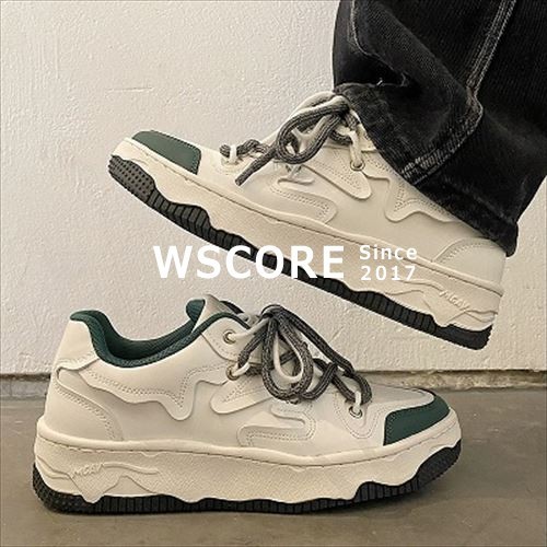 スニーカー メンズ 厚底 レザー Wカラー レースアップ 2色