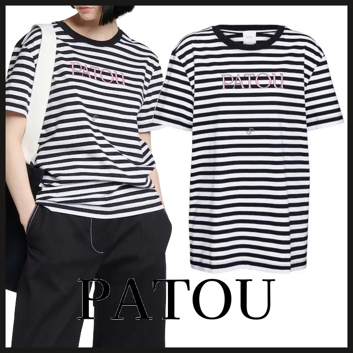 本物保証】】 PATOUパトゥ ロゴ ストライプ コットン 半袖Tシャツ ブラック レディースファッション 