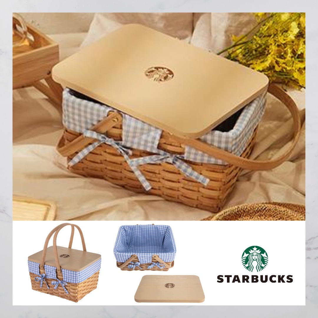 追跡有★Starbucks 木製 ピクニック バスケット 収納かご