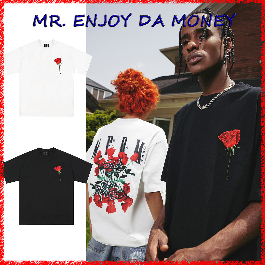 MEDM 半袖 Tシャツ ロゴ バラプリント カジュアル 綿 男女兼用
