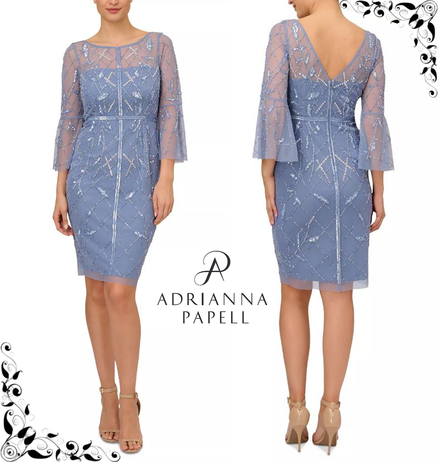 Adrianna Papell☆上品ビーズ使い爽やかブルーメッシュドレス