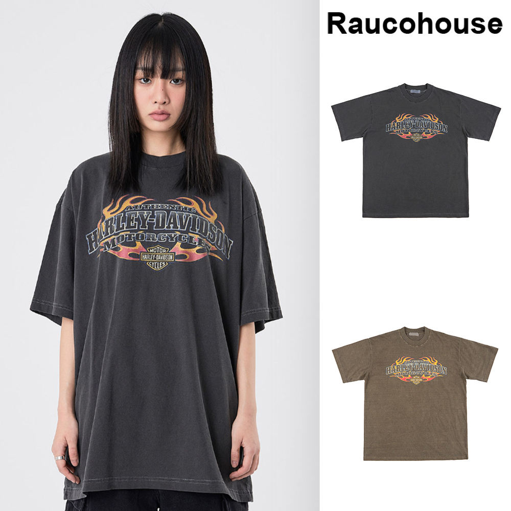 【Raucohouse】Fire harley-davidson printing pigment t-shirt