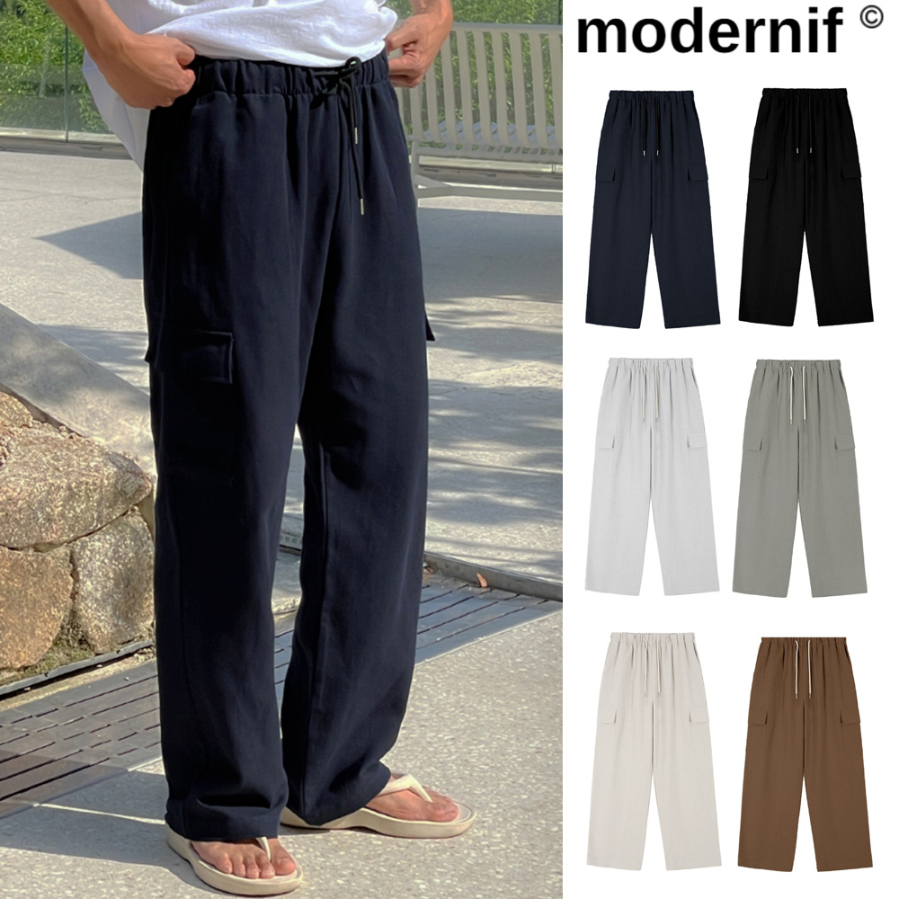 【MODERNIF】Linen Banding Cargo Wide Pants