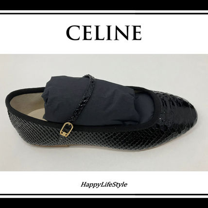 CELINE Ballet Plain Leather Python Logo Ballet Shoes