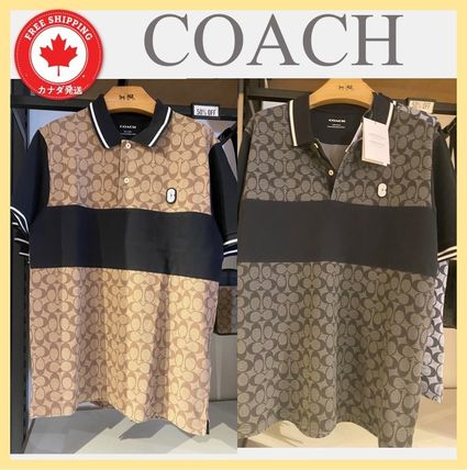 Coach Polos Monogram Cotton Short Sleeves Khaki Logo Outlet Polos