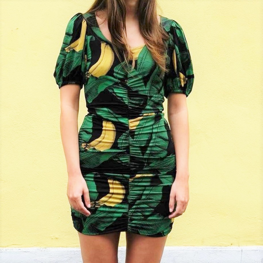 “GANNI” バナナプリントメッシュシャーリングミニドレス Green