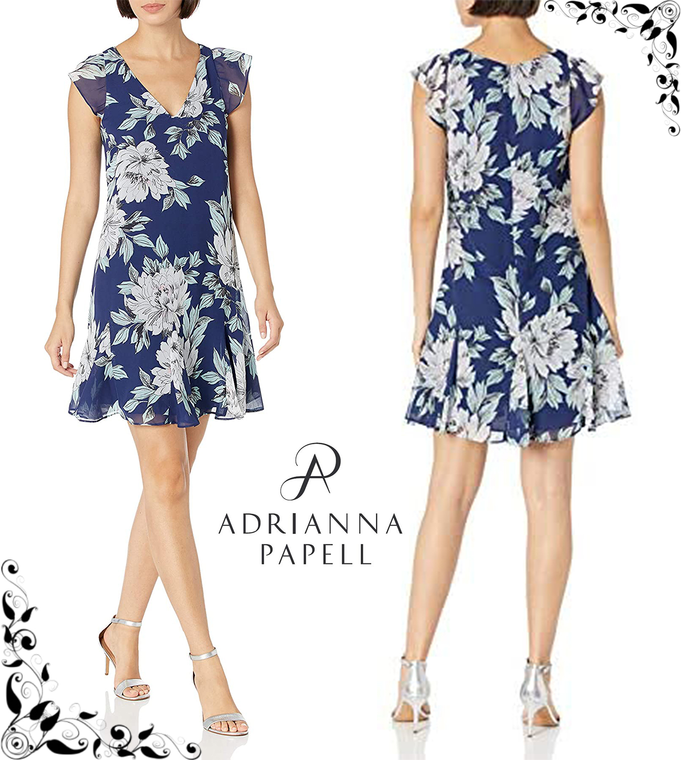 Adrianna Papell☆上品花柄シフォンワンピース