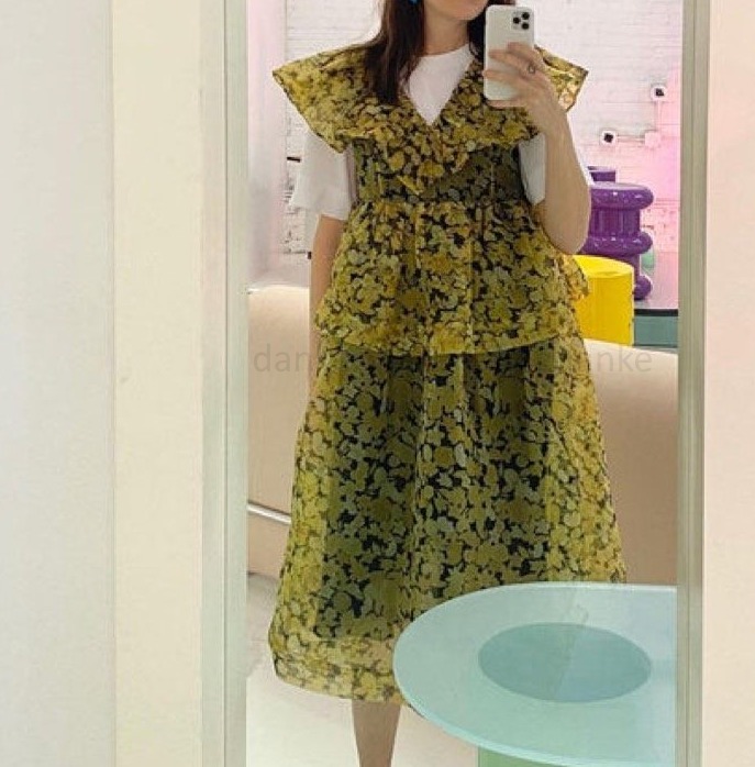 ★GANNI★ フローラルプリントオーガンザ ミディワンピース GANNI” フローラルプリント オーガンジードレス Yellow