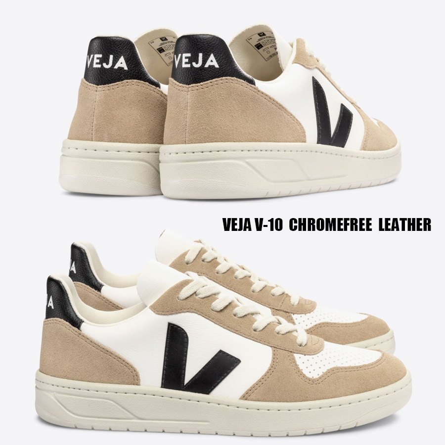 VEJA★V-10 CHROMEFREE LEATHER WHITE BLACK SAHARA