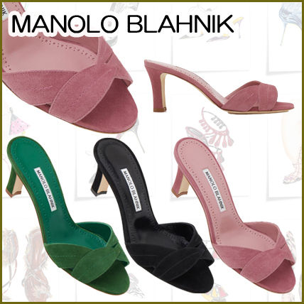 Manolo Blahnik Heeled Open Toe Suede Leather Logo Heeled Sandals