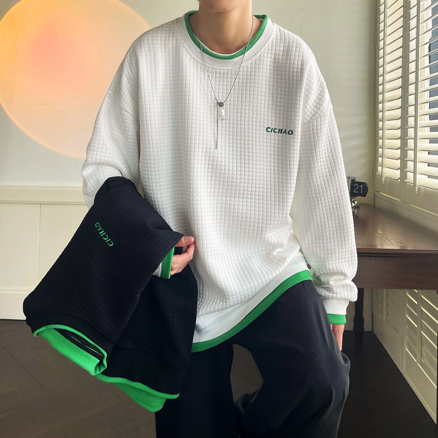 新作通販サイト Tシャツ ロンT ワッフル風生地 フェイク2ピース 韓国