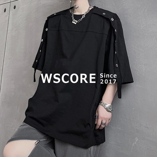 半袖Tシャツ メンズ 肩ボタン装飾 ショルダーパット ゆる感 2色