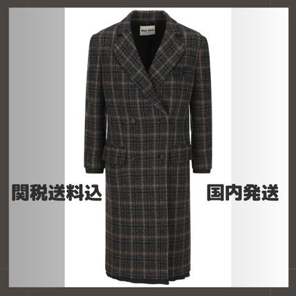 MiuMiu Chester Stand Collar Coats Tartan Casual Style Wool Long Party Style