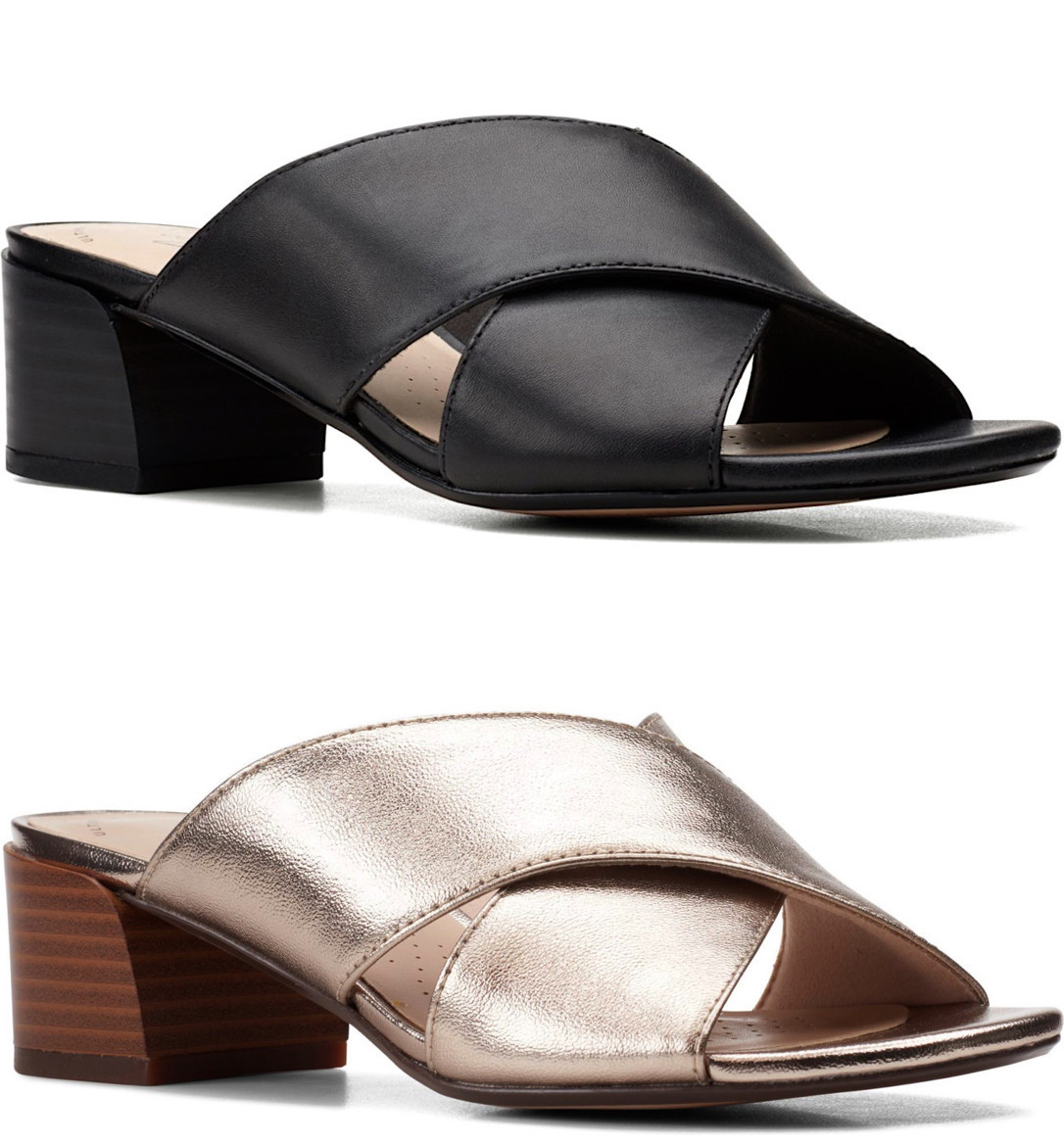 CLARKS スクエアトゥ サンダル レザー ミュール ヒール