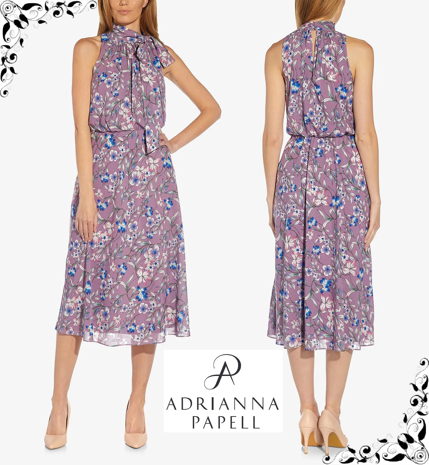 Adrianna Papell☆上品パープルに花柄ボウタイネックワンピース