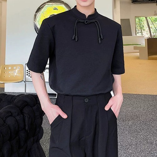半袖Tシャツ メンズ 立ち襟 ショルダーパット バックル 3色 半袖Tシャツ メンズ 立ち襟 ショルダーパット バックル 3色 (T