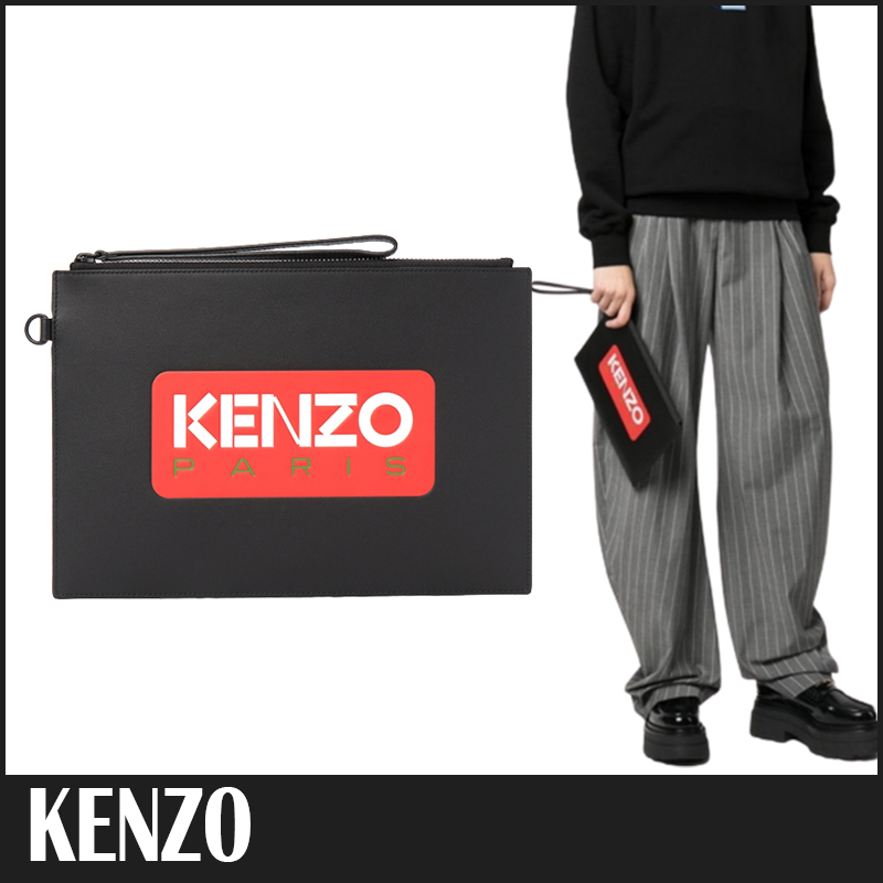 送料関税込 KENZO LARGE レザー ロゴ ストラップ クラッチバッグ