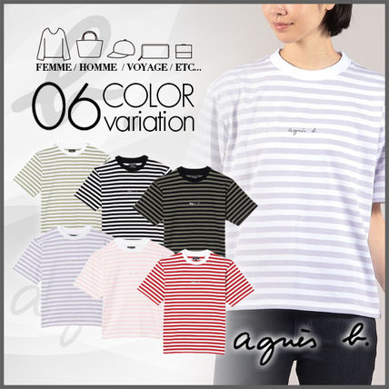 Agnes b T-Shirts Stripes Unisex Short Sleeves Logo T-Shirts