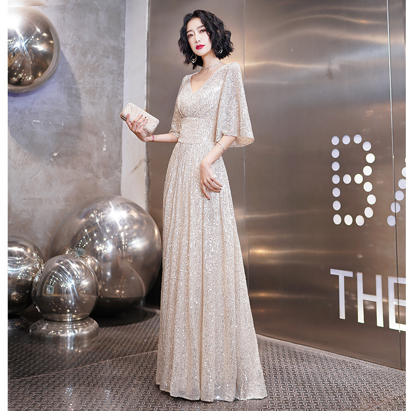 ロング丈 パーティー ドレス 半袖 Vネック キラキラ 結婚式 韓国