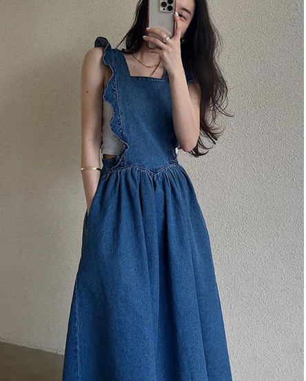 デイリー 大人かわいい フリル デニム ワンピース
