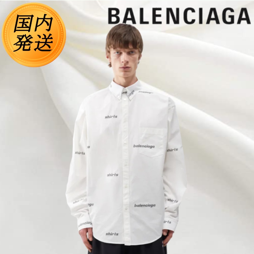 【国内発送★BALENCIAGA】ロゴプリント コットンポプリンシャツ