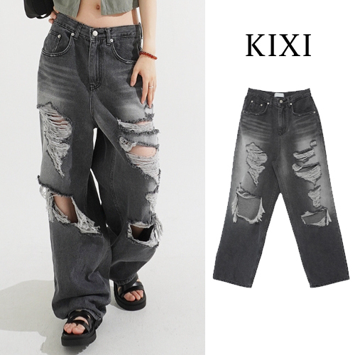【KIXI】★(UNISEX) Destroyed Wide Denim Pants