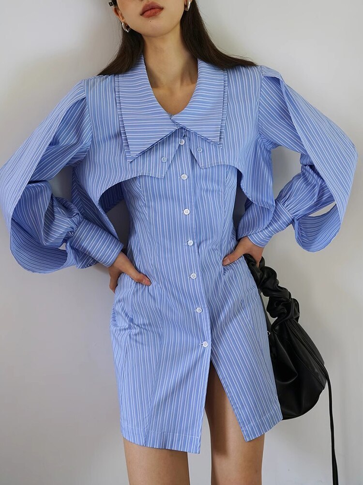 オシャレ 長袖 ストライプ シャツ ブルーワンピース