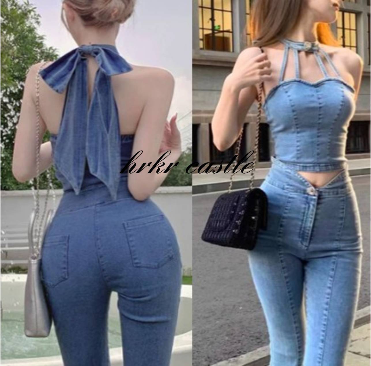 デニム セットアップ ホルター リボン トップス パンツ 韓国