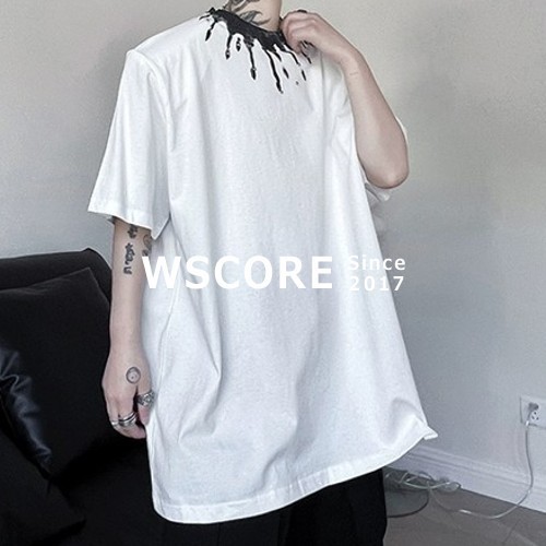 半袖Tシャツ メンズ ネックラインプリント 肩パット 2色