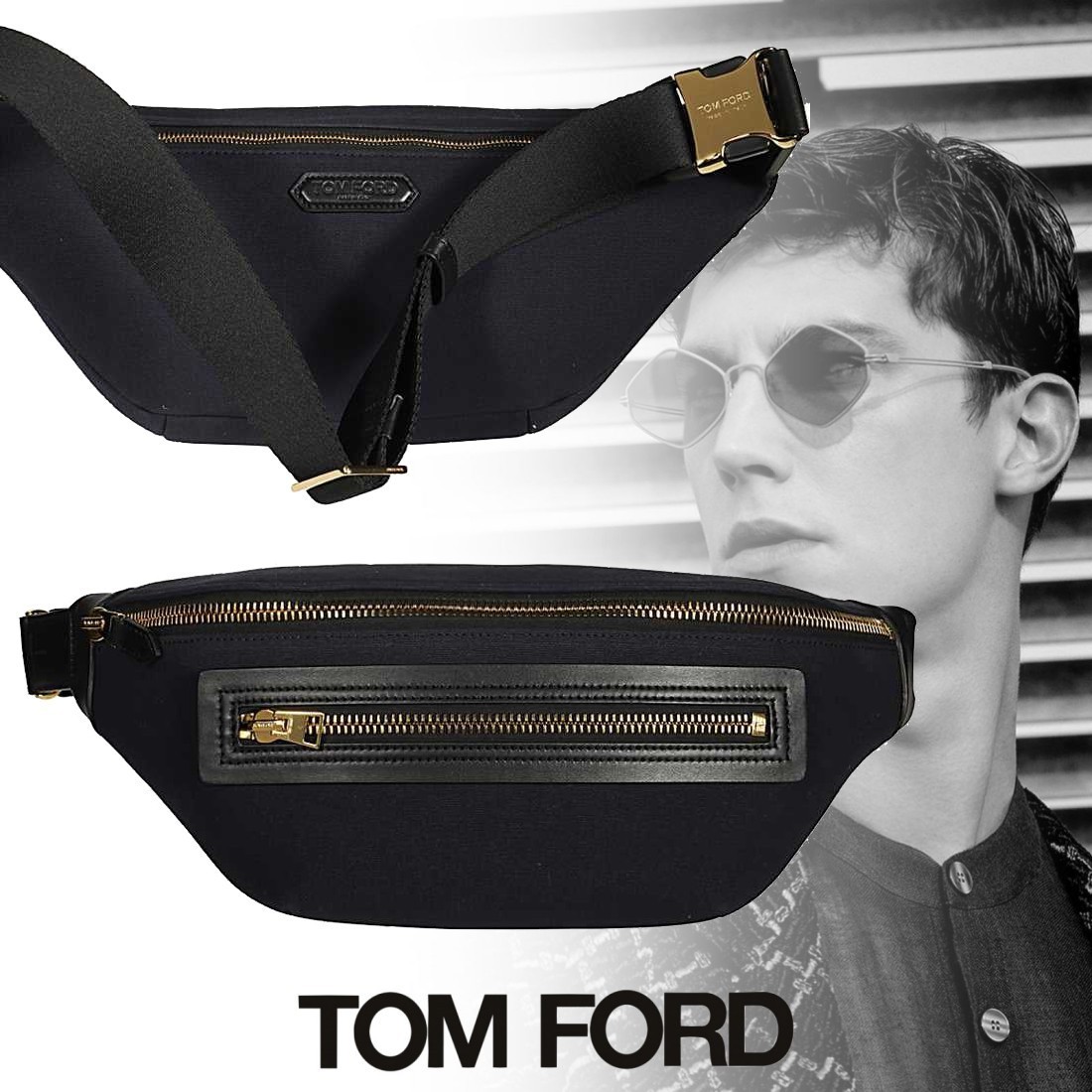TOM FORD Buckley キャンバス ロゴ ベルトバッグ ダークブルー