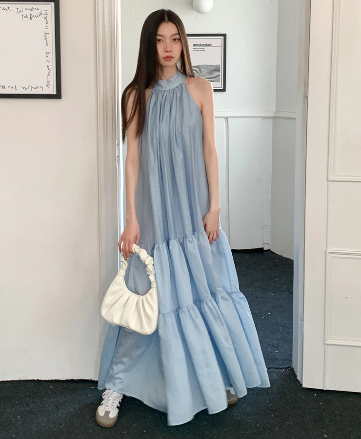 リゾートにも ブルーカラ―ドレス ワンピース  ロング
