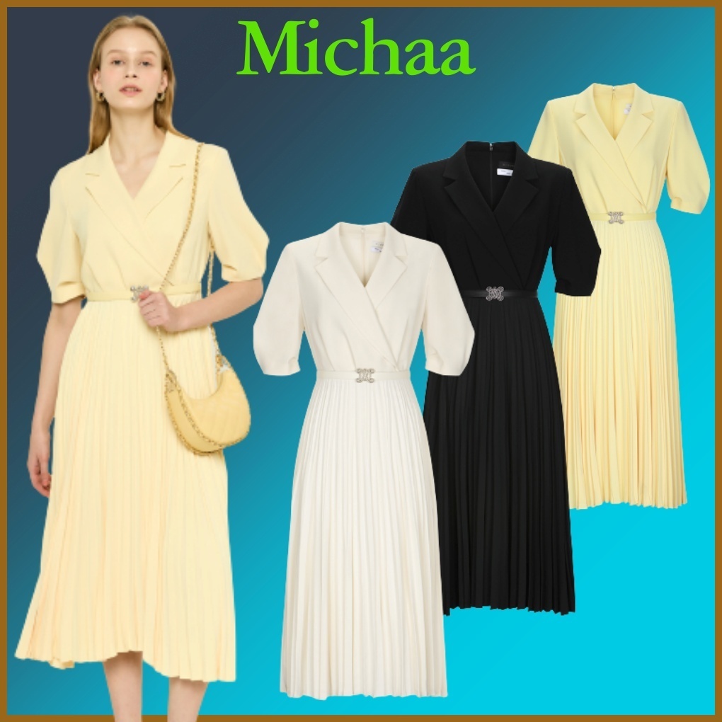 ◆MICHAA スタンカラプリーツワンピース