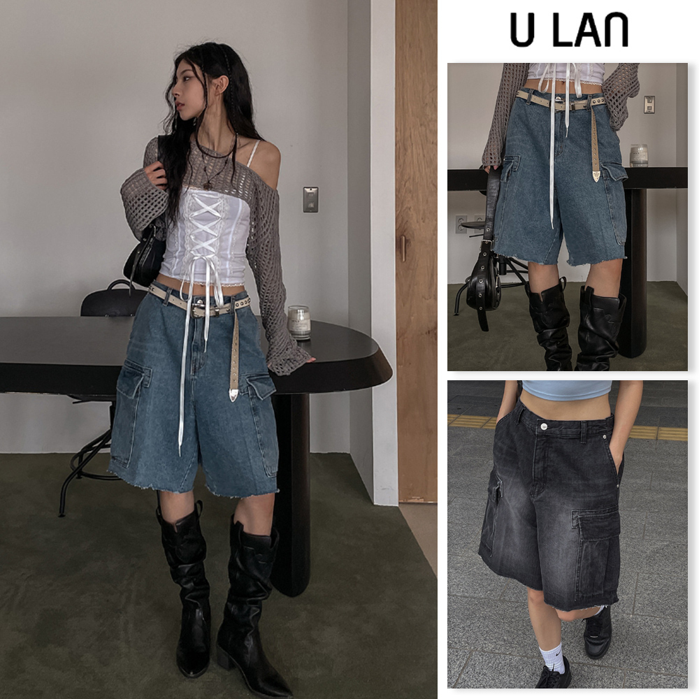 【U LAN】(UNISEX) Washed Denim Half Cargo Pants