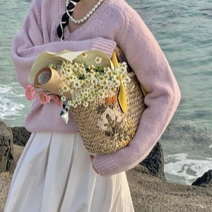 カゴバック バスケット トートバッグ チェック柄 花柄 刺繍 韓国