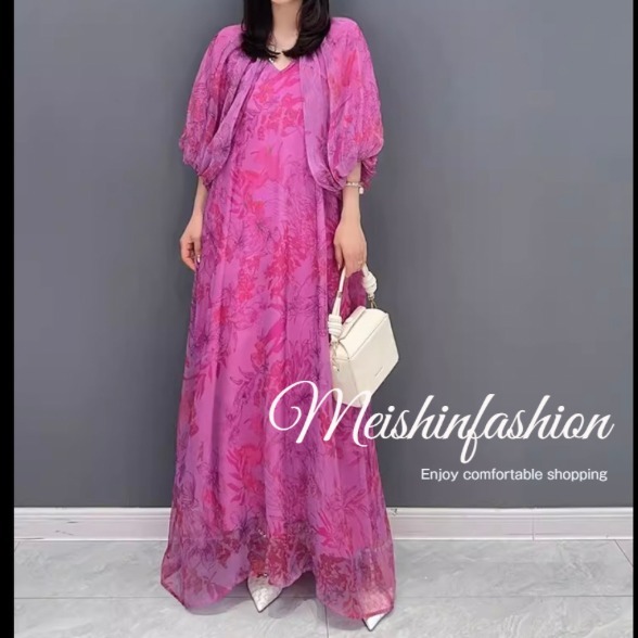レディース シフォンドレス パフスリーブカラードレス c2357