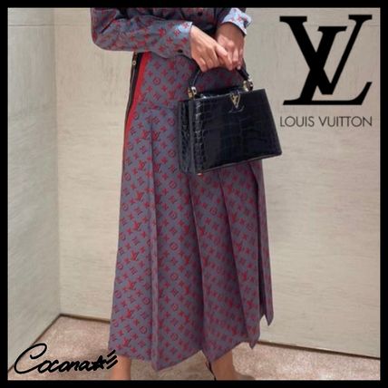 Louis Vuitton Maxi Flared Skirts Monogram Casual Style Maxi Silk Pleated Skirts