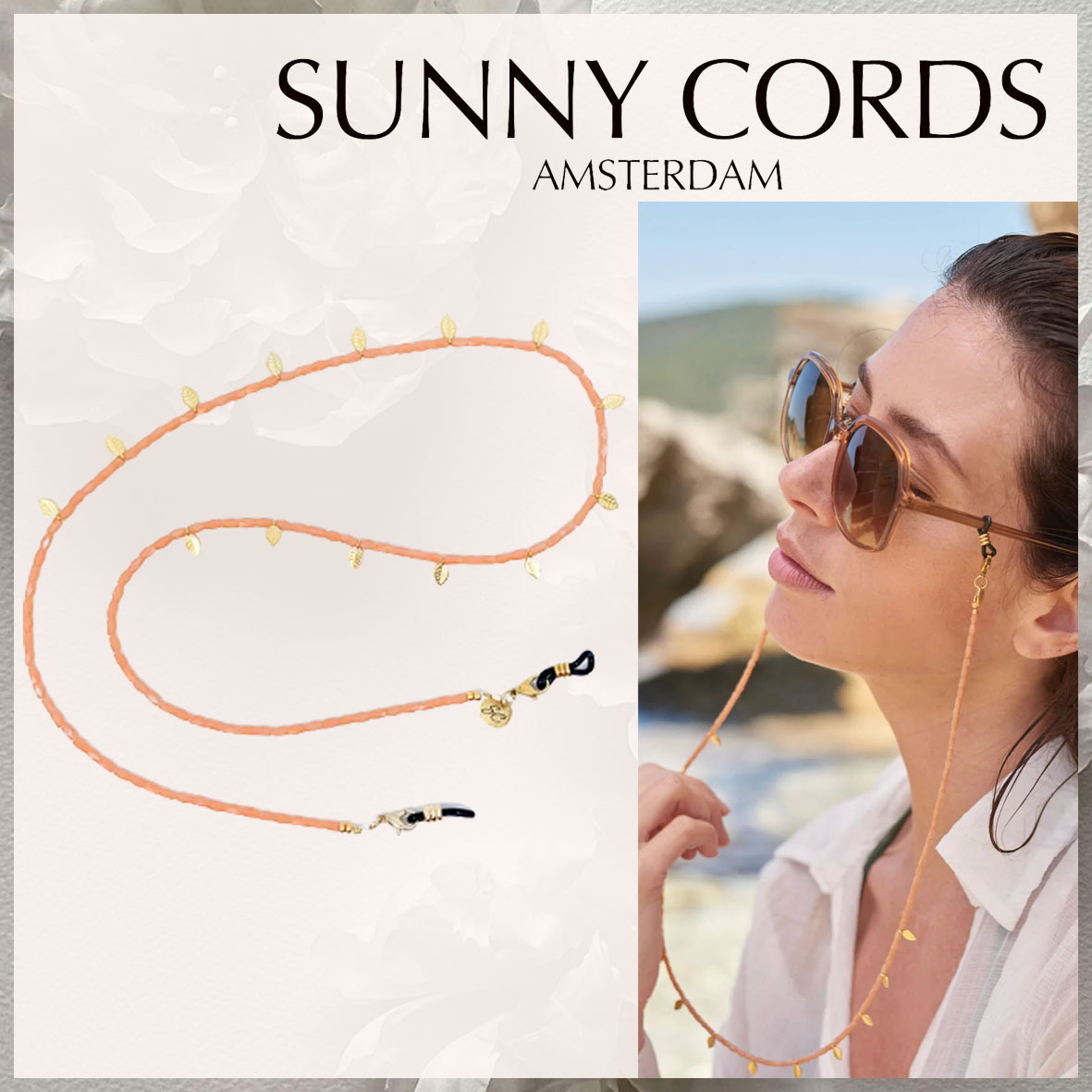 【Sunny Cords】フレディ ピーチビーズとリーフの眼鏡チェーン