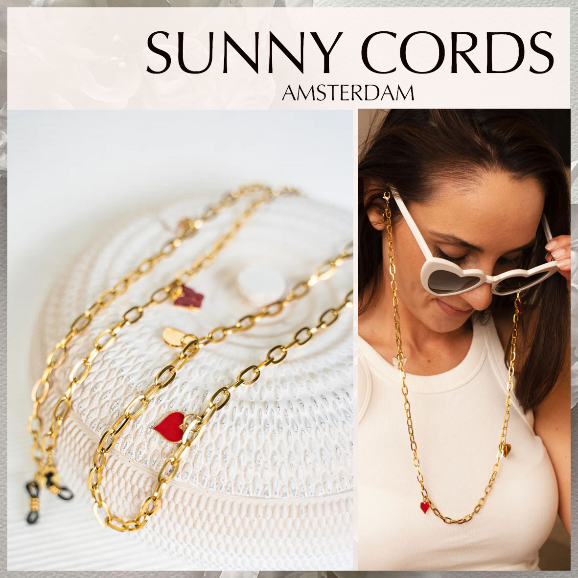 【Sunny Cords】ローラ ハートと蝶のチャーム眼鏡チェーン