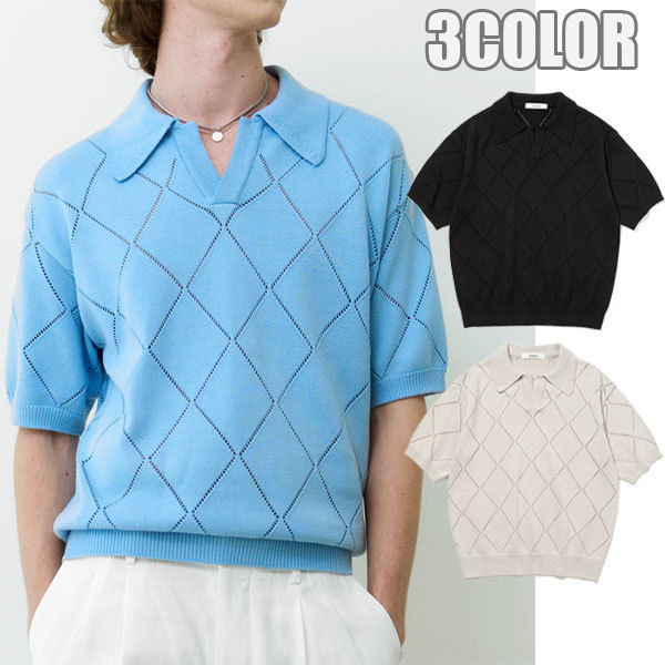 ニット・セーター KNITTED Open Collar Crochet Half Knit Tee MY643