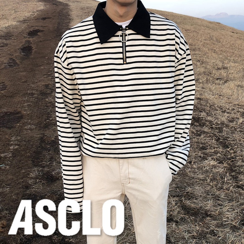 Tシャツ・カットソー Ring Zipper Border Collar T Shirt (2color)