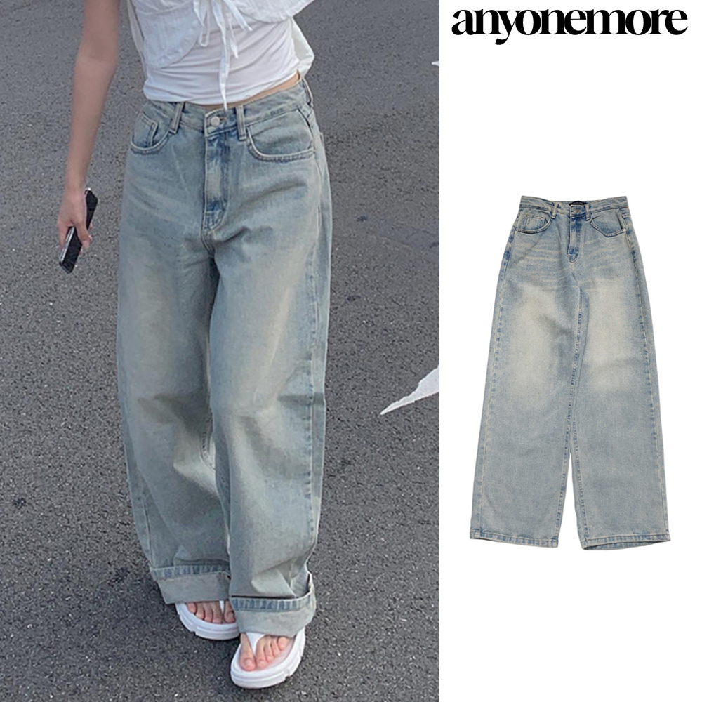【Anyone more】Chewy Washed Denim Wide Pants