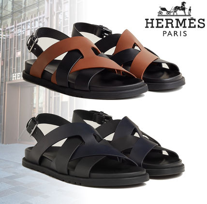 HERMES More Sandals Monogram Unisex Street Style Plain Leather Logo Sandals