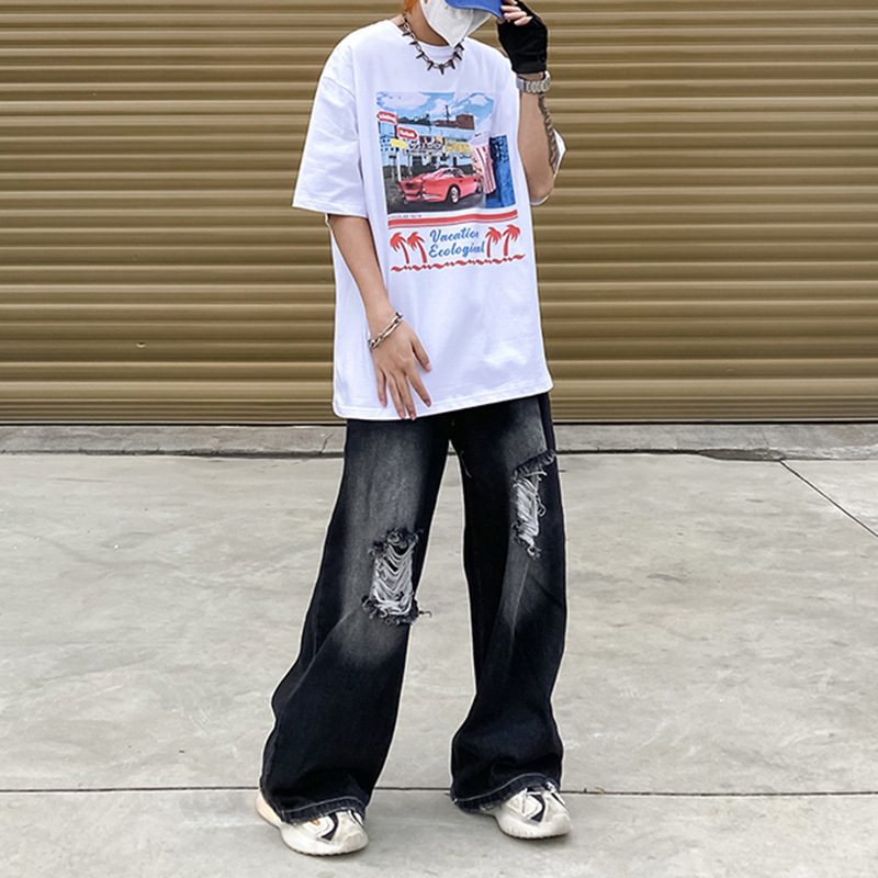 ダメージ ジーンズ デニム ワイドパンツ ストリート ジーパン